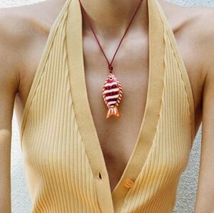 New! ZARA Fish Cord Necklace | Red & Orange Resin Pendant | NWOT